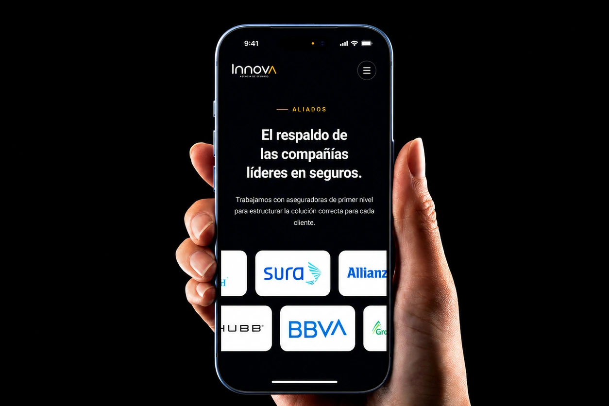 App de Innova mostrando aseguradoras aliadas: SURA, BBVA, Allianz