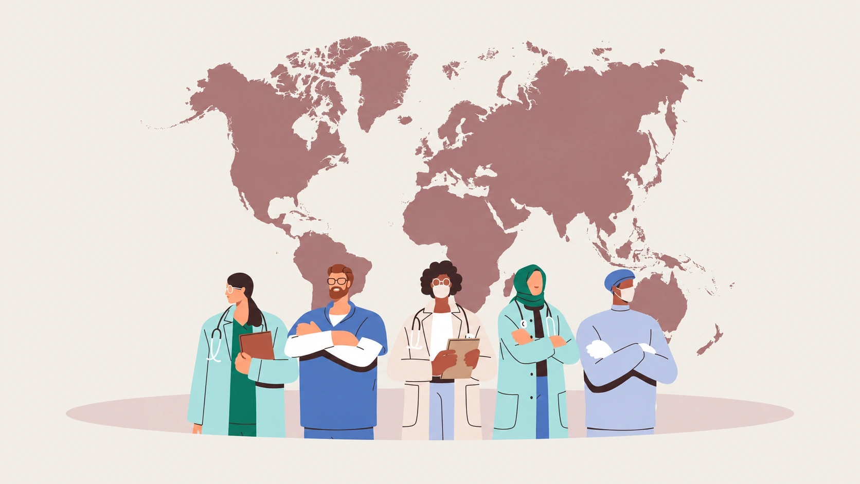 Ilustración de personal médico frente a un mapa del mundo